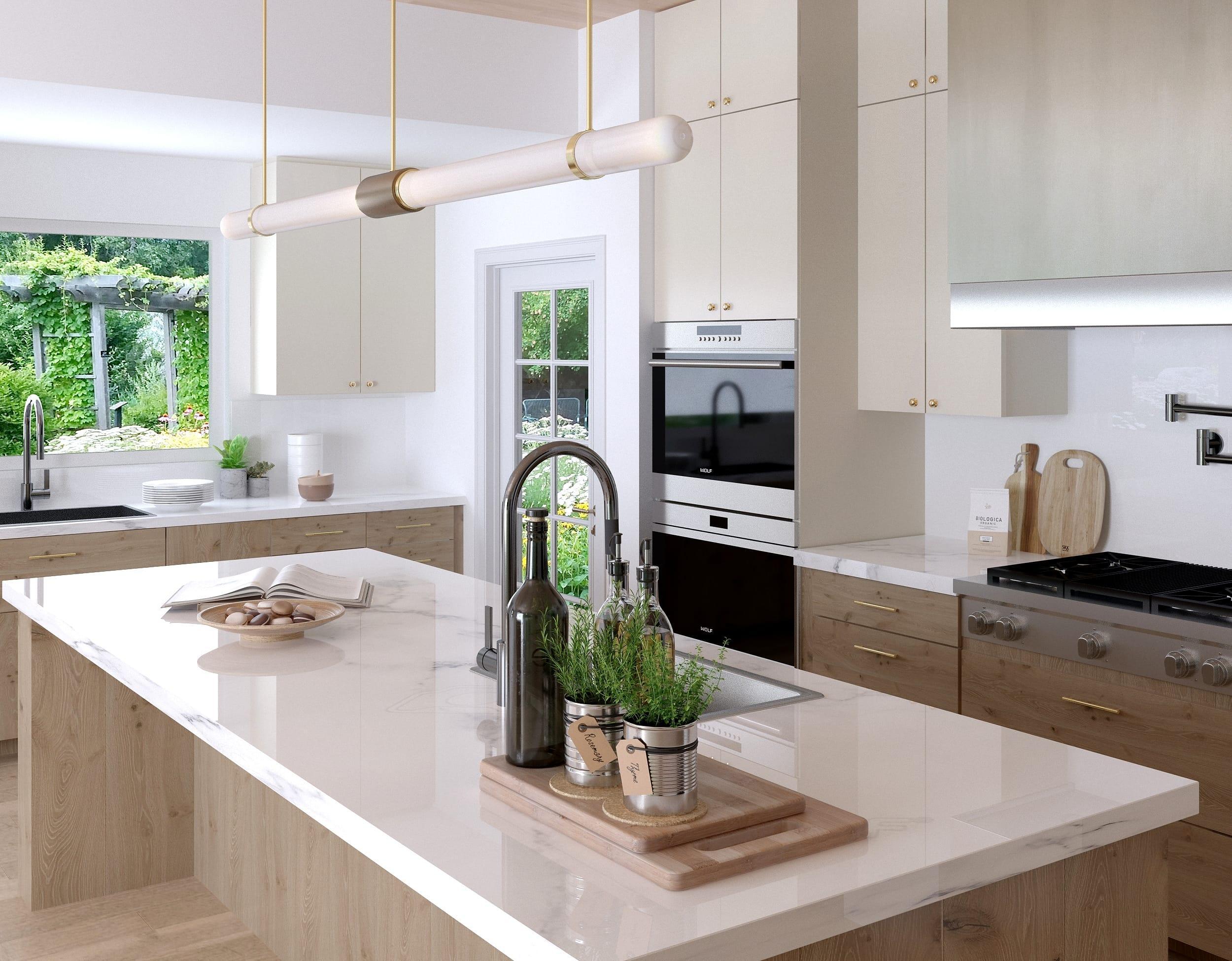 Custom kitchen design Los Angeles - two-tone cabinetry and waterfall island